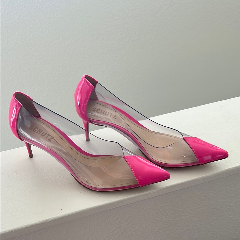 Schutz Barbie Pink & Transparent Point Toe Heels, 8.5